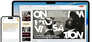 iPhone 16 Plus with text highlighted in the Notes app, Macbook Air with a Keynote slide open, text from Notes app is visible on the slide