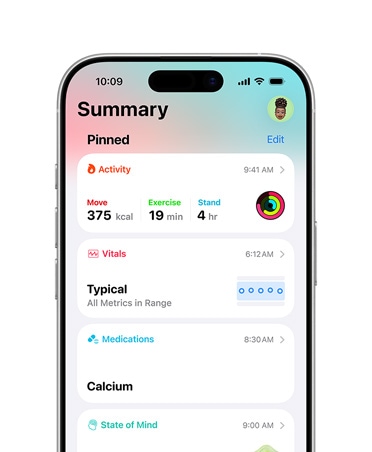 iPhone s pripnutým zhrnutím o zdravotnom stave