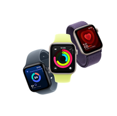 A series of Apple Watch SE devices in different orientations.