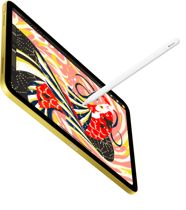 iPad แสดงภาพประกอบรูปปลาสีสันสดใสบนแอป Procreate ที่กำลังวาดด้วย Apple Pencil บน iPad