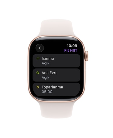 Apple Watch Series 11, altın rengi, titanyum kasa, Antrenman uygulaması, Özel Antrenman kartı, kordon, bulut pembesi renkte Spor Kordon