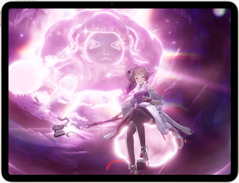 iPad Air ekranında aksiyon rol yapma oyunu Arknights: Endfield’dan bir sahne gösteriliyor