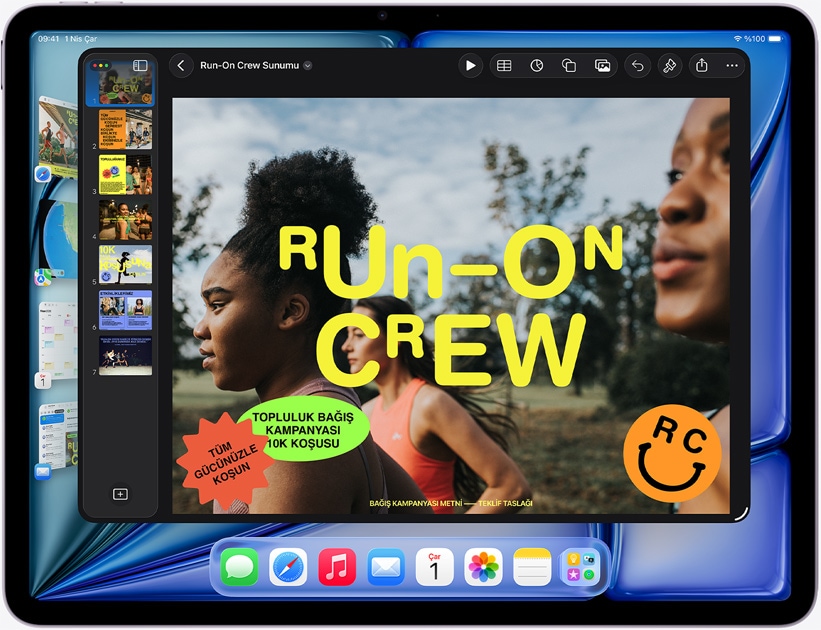 iPad Air, yatay pozisyonda, ekranda Keynote sunumu gösteriliyor
