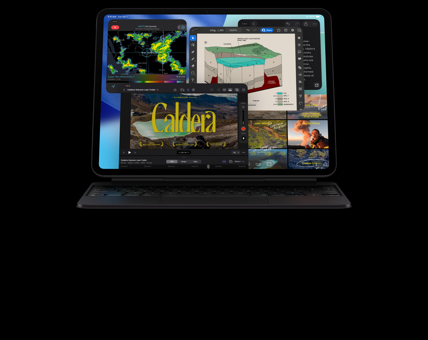 iPad Pro, önden dış görünüm, yatay pozisyonda, uzay siyahı renk, Magic Keyboard’a takılı, uzay siyahı, ekranda birden fazla uygulama penceresi gösteriliyor: çok sayıda video düzenleme özelliği ve bir zaman çizelgesi ile Final Cut Pro, Harita, Notlar, medya klipleri