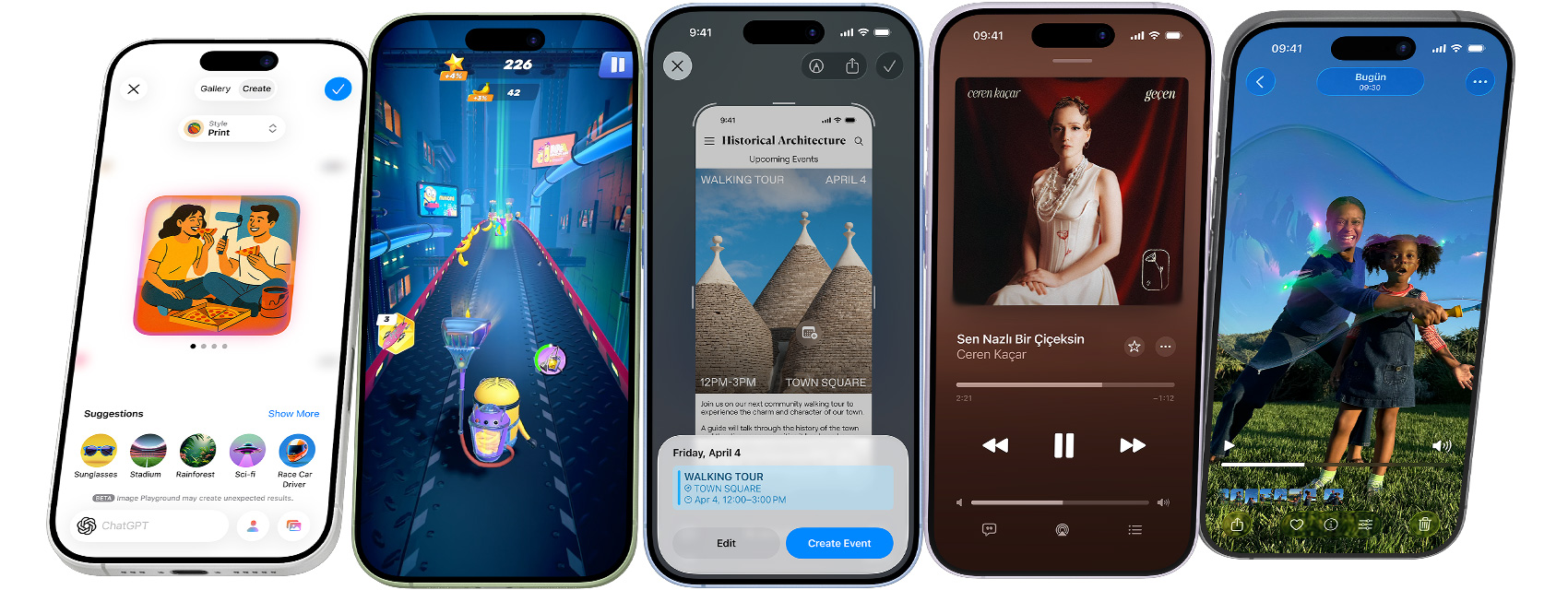Yan yana dizili iPhone 17 aygıtları sırayla dönüyor, iPhone özelliklerini gösteren ekran gelince duruyor
