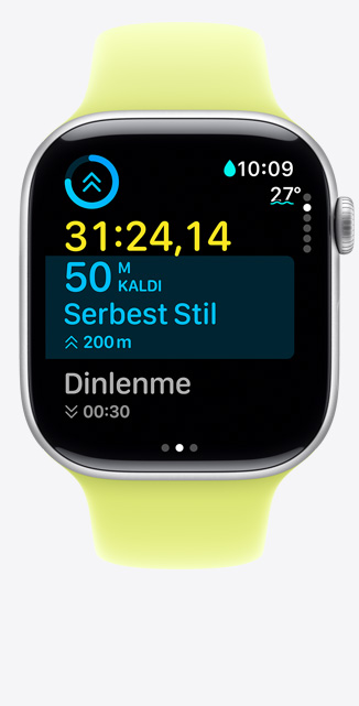 Apple Watch Series 11, alüminyum kasa, gümüş renk, Havuzda Yüzme verilerini takip eden Özel bir Antrenman ekranı, ekranda görülen ölçümler, Spor Kordon, neon sarı renk