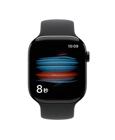 Apple Watch Series 11，展示拋光曜石黑色鋁金屬錶殼，搭配黑色運動型錶帶，螢幕顯示健康 app 正在測量血氧濃度結果