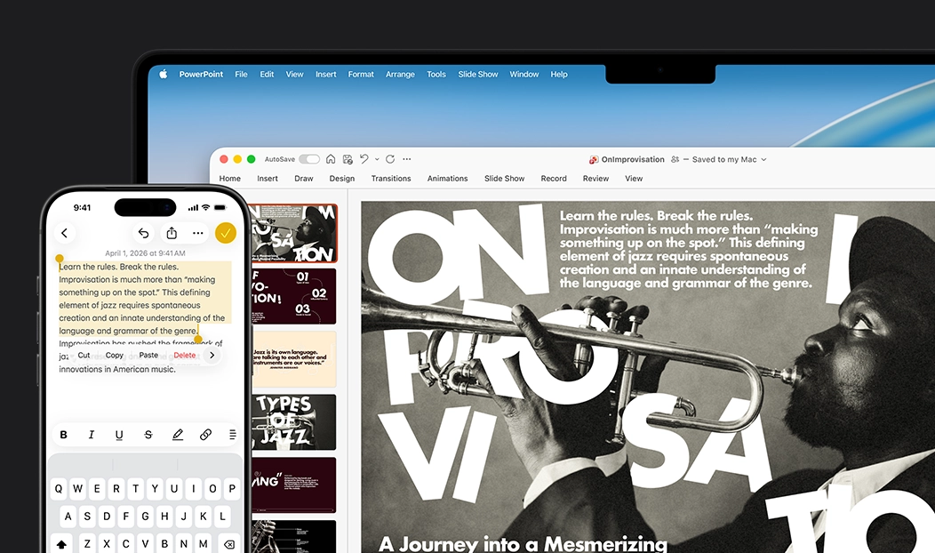 iPhone 16 Plus 展示備忘錄 app 中一段反白文字；MacBook Pro 展示打開的 Microsoft PowerPoint，幻燈片上可看到備忘錄 app 中的那段文字