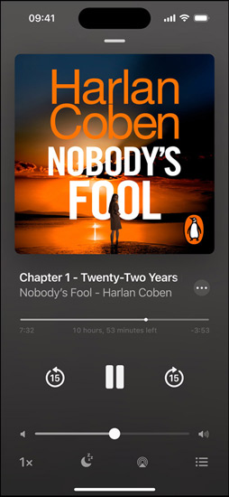 iPhone screen showing an audiobook. Below the cover art is playback controls, including a play button, volume slider, and jump ahead and jump back buttons.