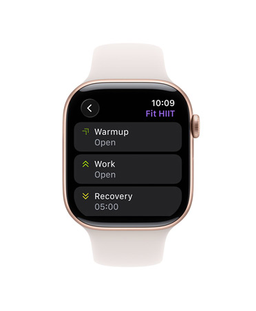Apple Watch Series 11, rose gold colour, aluminium case, Workout app, Custom Workout card, strap, light blush Sport Band
