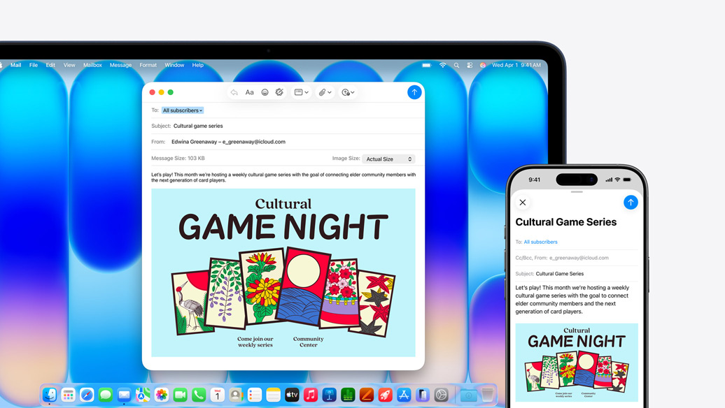 MacBook Neo, indigo colour, next to iPhone, both screens show the same email, announcing an event at a community centre