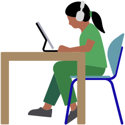 Een vrouw die AirPods Max draagt en een iPad gebruikt aan een bureau