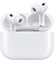 Trådløse AirPods Pro 3-øretelefoner i hvid med silikonepropper og bogstaverne R og L på indersiden af henholdsvis højre og venstre stav samt MagSafe-opladningsetui (USB‑C) i hvid med afrundet design, LED-strømindikator og åbent låg