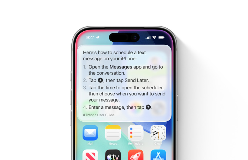 An iPhone is shown with step-by-step guidelines on how to schedule a text message to send later