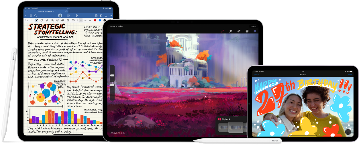 Image of Apple Pencil Pro and Apple Pencil USB-C next to multiple iPad devices displaying examples of handwritten notes and colorful illustrations created with Apple Pencil.