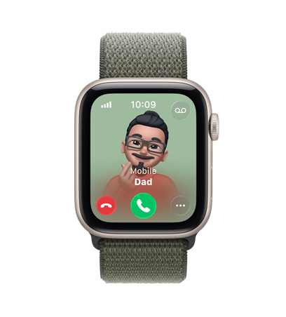Apple Watch SE 3, aluminum case, starlight color, incoming call from Dad, Memoji contact photo, accept and decline call buttons, Sport Loop, forest green color