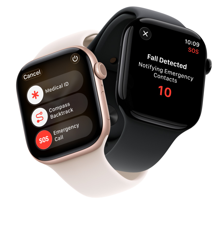 Apple Watch Series 11 devices, aluminum cases, rose gold and polished jet black colors, safety features onscreen: medical ID, compass backtrack, emergency call, Sport Bands, light blush and black colors