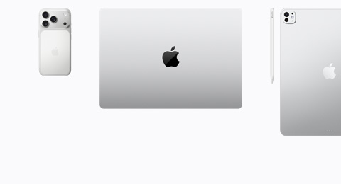 An iPhone 17 Pro in Silver color, a closed MacBook in Silver color, an Apple Pencil Pro, and an iPad Pro in Silver color