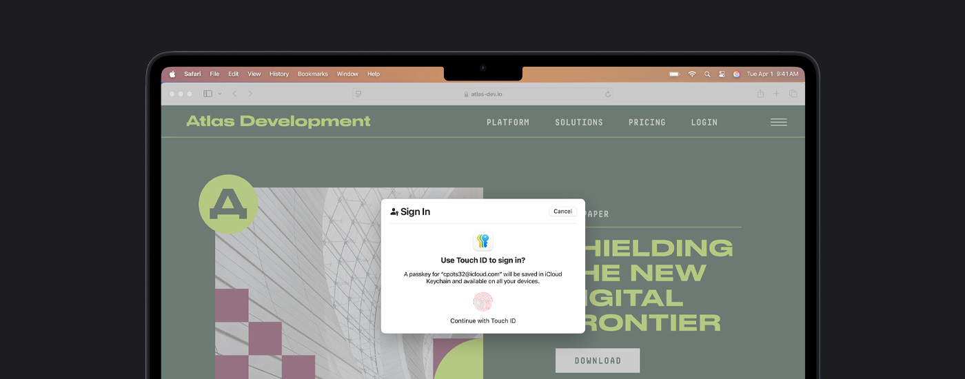 Janela do Touch ID no ecrã do Mac. Por detrás da janela está uma apresentação.