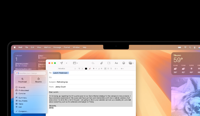 Computador Mac com um email profissional onde surge um prompt da Apple Intelligence. Por detrás da janela do email está o widget do Calendário.