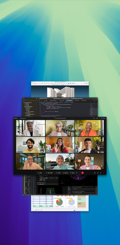 Várias apps abertas e parcialmente sobrepostas. A app em primeiro plano é uma chamada Zoom com vários participantes.