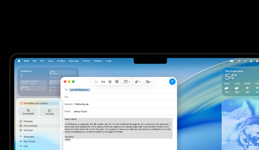 Un computador de escritorio Mac muestra un aviso de Apple Intelligence en un email de trabajo. Detrás de la ventana del email hay varios widgets y el fondo de pantalla de macOS Tahoe.