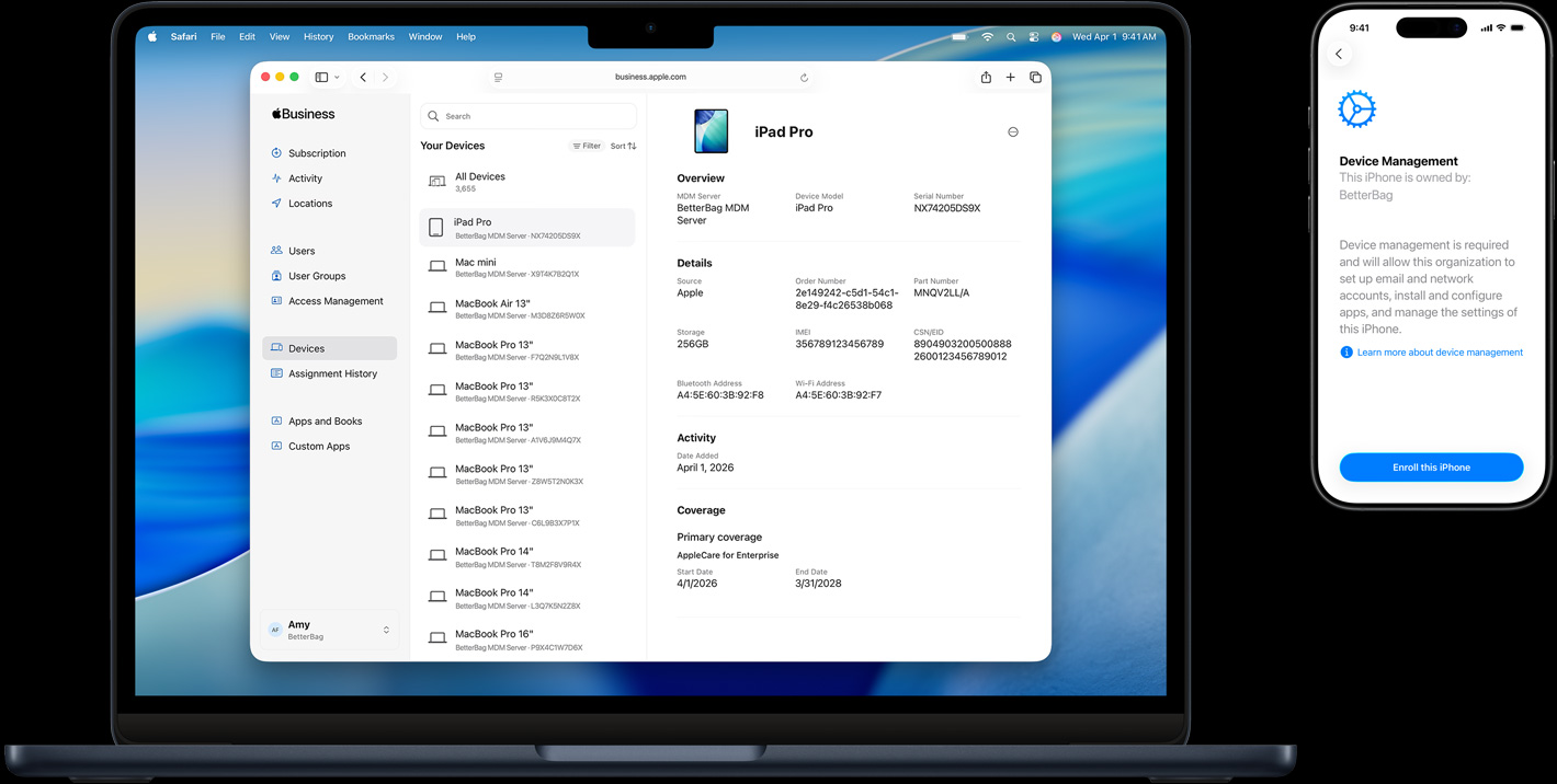 MacBook y iPhone, la pantalla del MacBook muestra Apple Business Essentials y la pantalla del iPhone muestra Administración de Dispositivos en Configuración.