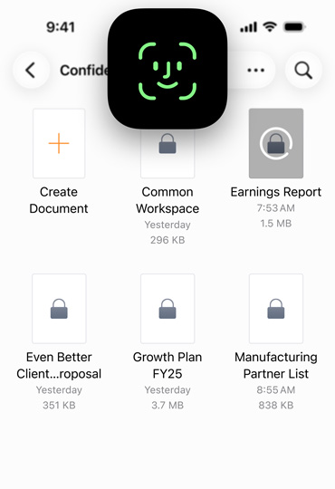 Pantalla de un iPhone que muestra la app Pages con el ícono de Face ID por encima para demostrar cómo desbloquear un dispositivo de forma segura