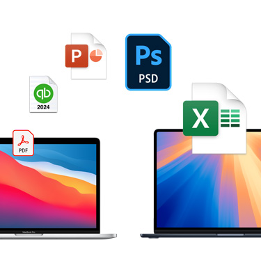 To MacBook-computere med forskellige farverige skrivebordsbaggrunde vist forfra side om side. Filsymboler vises i en bue over MacBook-computerne. Filsymbolerne omfatter Acrobat, Quickbooks, PowerPoint, Photoshop og Excel.