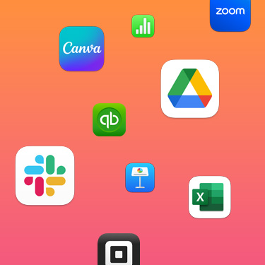 Symboler med produktivitetsapps, herunder Slack, Canva, Google Workspace, Zoom, Quickbooks, Keynote, Excel, Square og Numbers, mod en farverig baggrund.