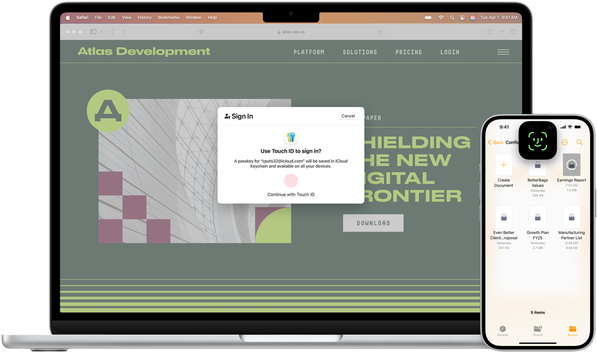 En MacBook med Touch ID-vindue vist forfra. Foran MacBook-enheden er der en iPhone med Face ID-skærm.