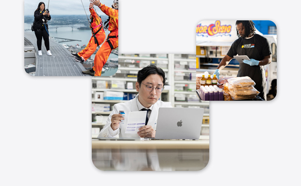 Various small businesses, including a pharmacist in a lab coat interacting with a MacBook, a bungee jumping instructor taking an iPhone photo of two people about to bungee jump, and a man holding an iPad while interacting with food items.