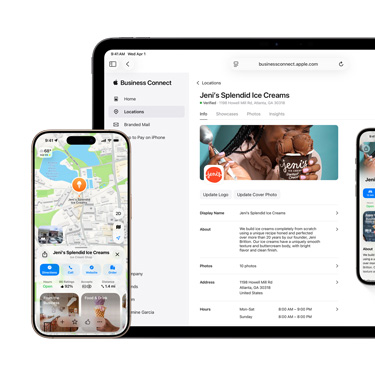 Apple Business Connectプラットフォームが表示されているiPadの正面画像。iPadの手前にあるiPhoneには、Appleマップ上にビジネスの情報が表示されている。