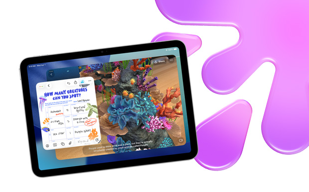 iPad, displaying a graphic aquarium scavenger hunt within Freeform and JigSpace, highlighting creative capabilities