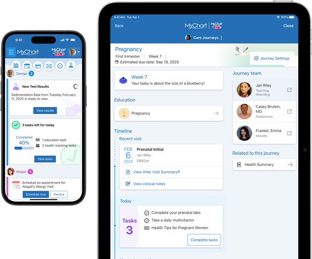 Telas do iPhone e do iPad mostrando o app Epic MyChart.