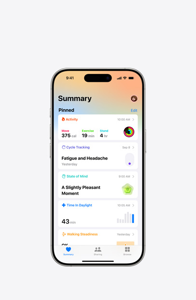 iPhone hiển thị các tính năng của ứng dụng Sức Khỏe.