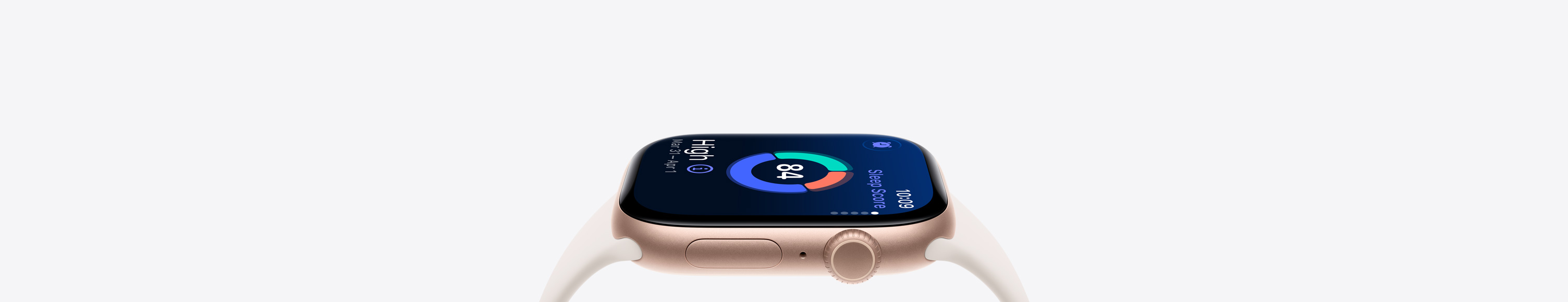 Apple Watch Series 11, rose gold color, aluminum case, sleep score, right side exterior, Digital Crown, microphone, side button, starlight Sport Band