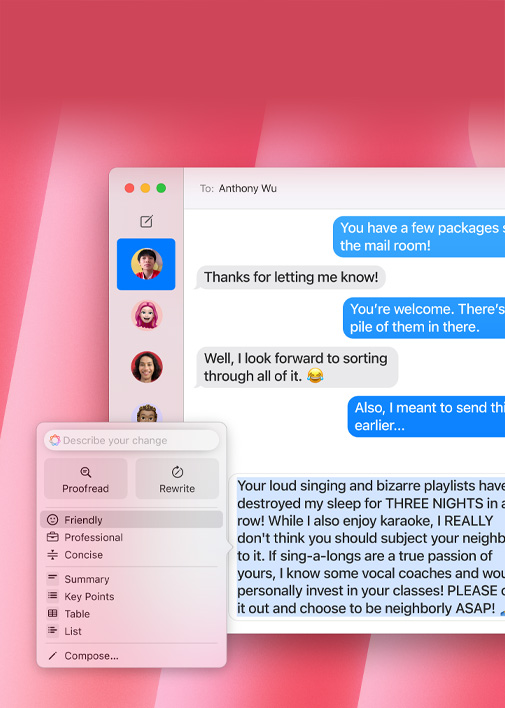 Demostración de la funcionalidad Herramientas de Escritura. El mensaje que un usuario escribió en la app Mensajes se transforma en una versión más informal con la opción de tono Amistoso