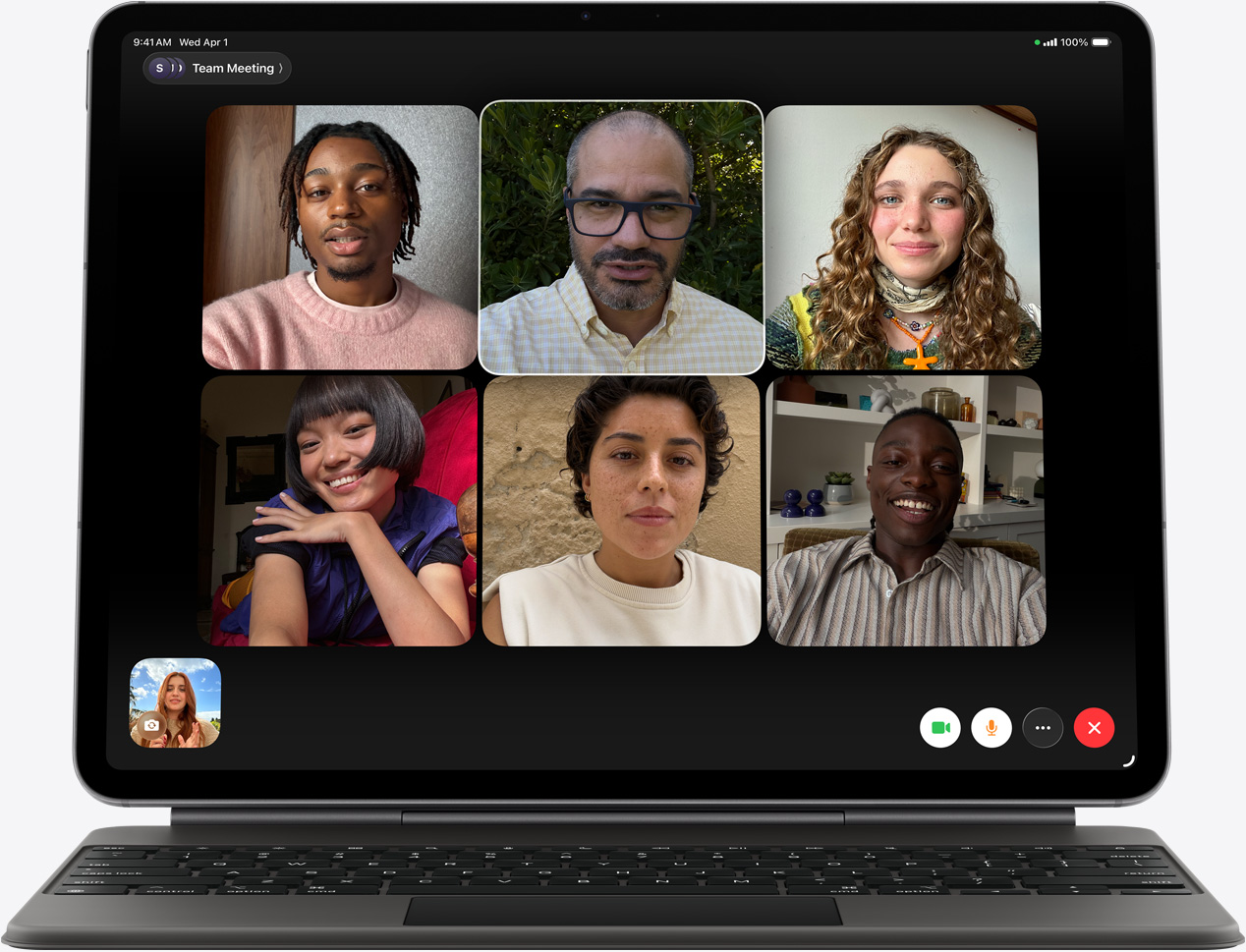 iPad Air, front exterior, Zoom call on the screen, multiple participants visible