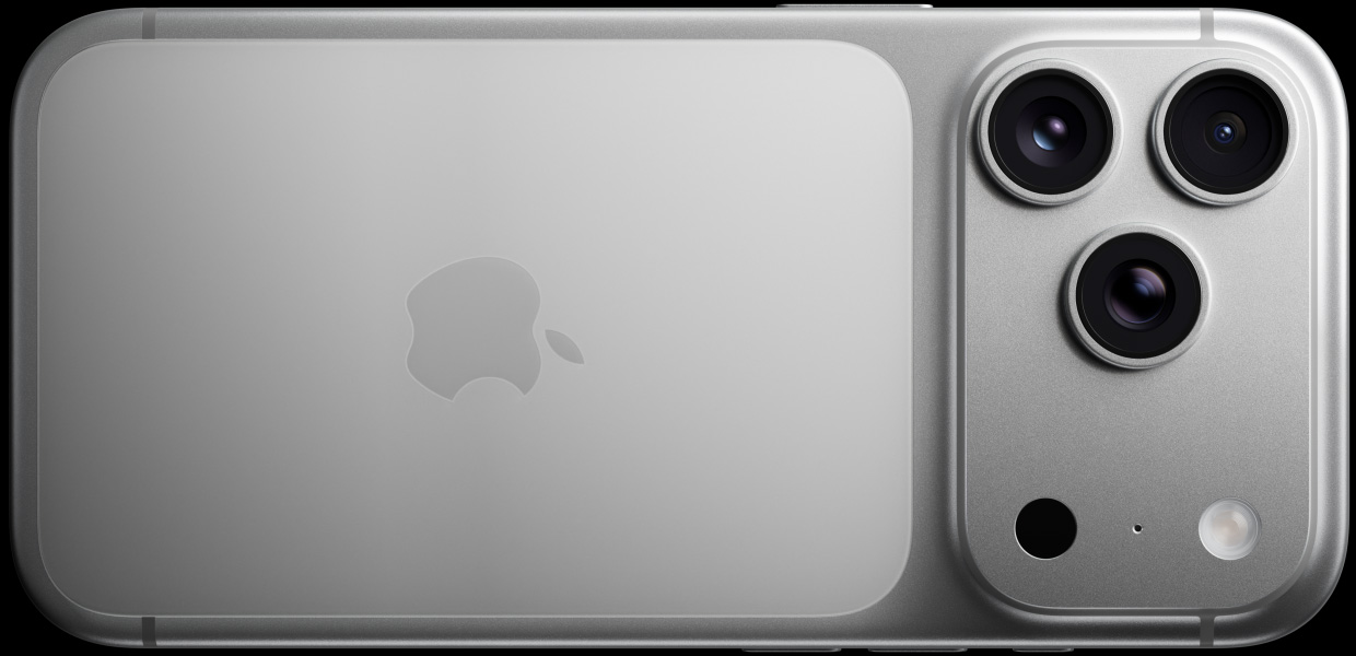 iPhone 17 Pro, sudraba krāsas, skats no aizmugures, Pro Fusion kameru sistēma, 3 objektīvi, mikrofons, zibspuldze