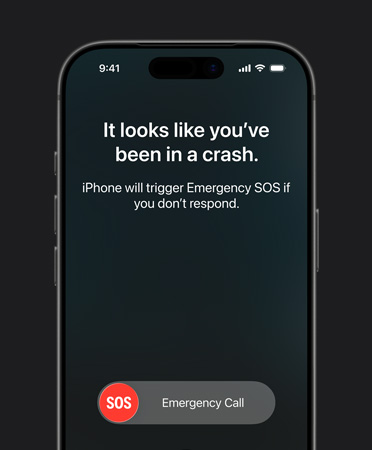 iPhone 17 Pro, priekšpuses skats, noapaļoti stūri, tiek izmantota avāriju noteikšanas funkcija