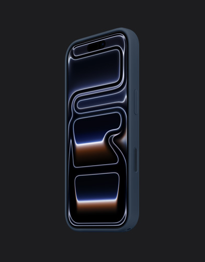 Vista frontal do iPhone 17 Pro azul escuro, com Capa em silicone em azul navy