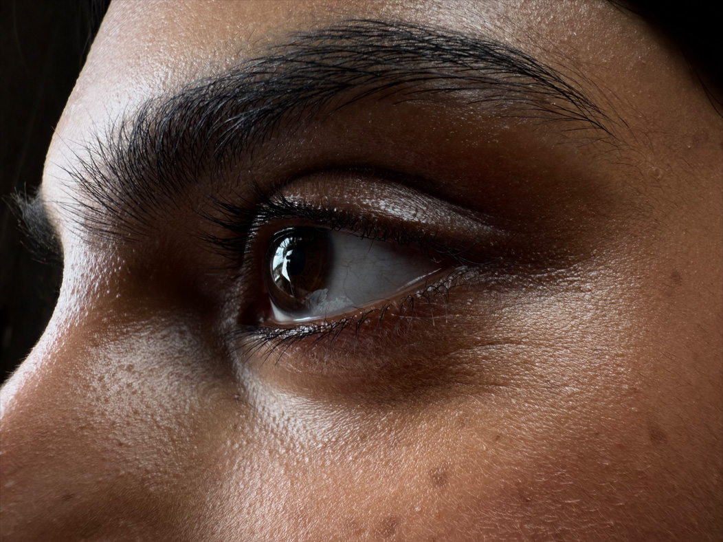 Uma mulher a ser fotografada numa sala vazia. O perfil do rosto da mulher é ampliado, com foco nos olhos. A app Fotografia muda de distância focal para ilustrar as capacidades do sistema de câmaras Pro, a mostrar a opção Macro