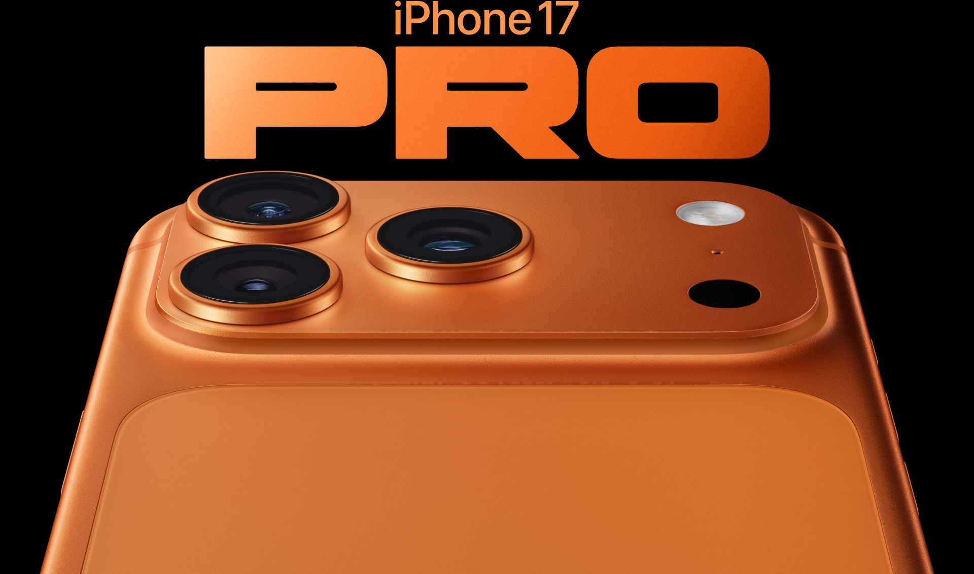 Vista parcial traseira do iPhone 17 Pro laranja cósmico, com sistema de câmaras Pro no canto superior esquerdo, 3 lentes, microfone e flash