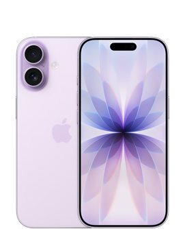 Lavendelfarvet iPhone 17 vist bagfra med Fusion-dobbeltkamerasystem øverst til venstre, Apple-logo i midten. Og vist forfra, i farven lavendel, med Dynamic Island øverst i midten