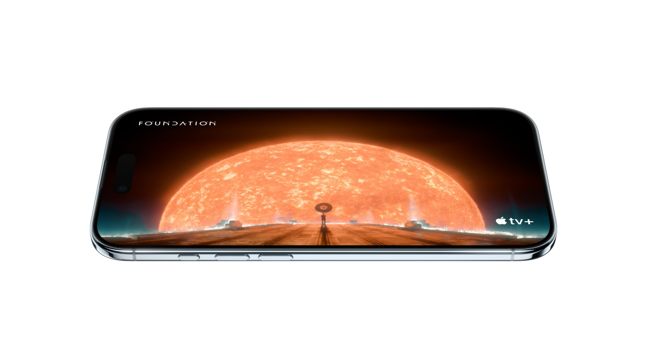 iPhone Air, front exterior, side exterior, showing static of scene from Apple TV+ series Foundation