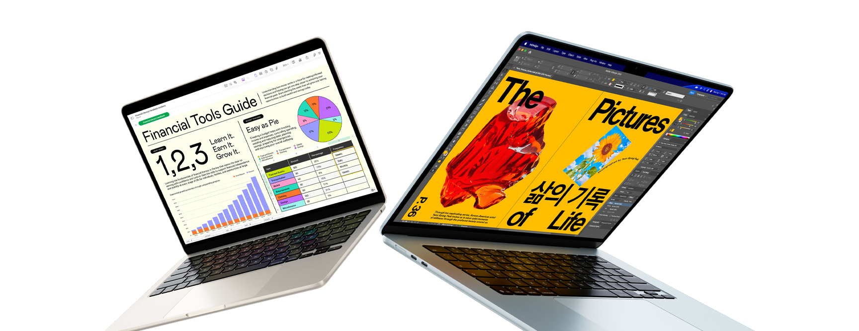 13" und 15" MacBook Air Laptops – ein Display zeigt ein Projekt in Numbers, das andere eine Designarbeit