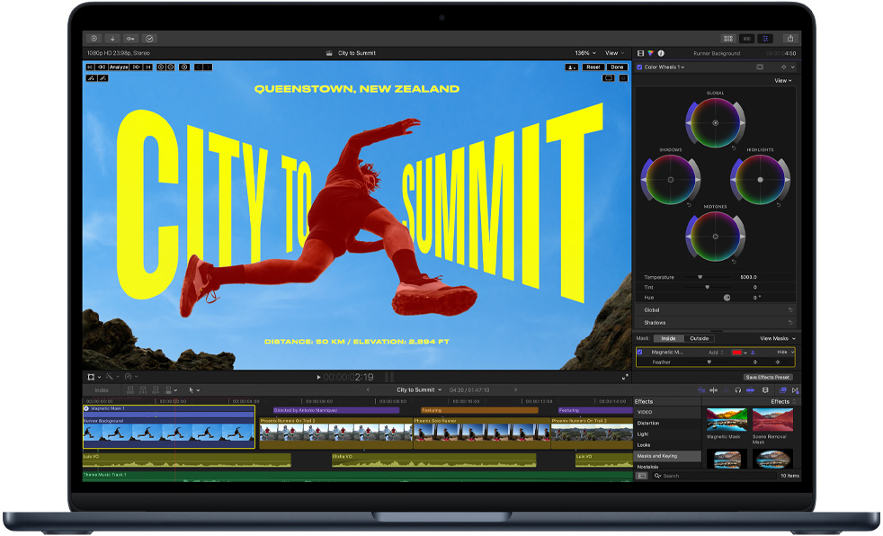Ekran MacBooka Air, na którym widać montaż klipu wideo, co pokazuje możliwości czipa M5