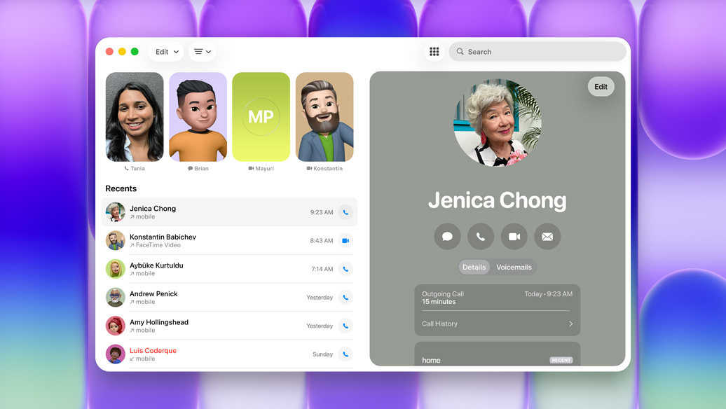 Telefon-appen på MacBook Neo viser forskellige kontakter og en liste med de seneste opkald, et af opkaldene er fremhævet og viser oplysninger om den tilknyttede kontakt