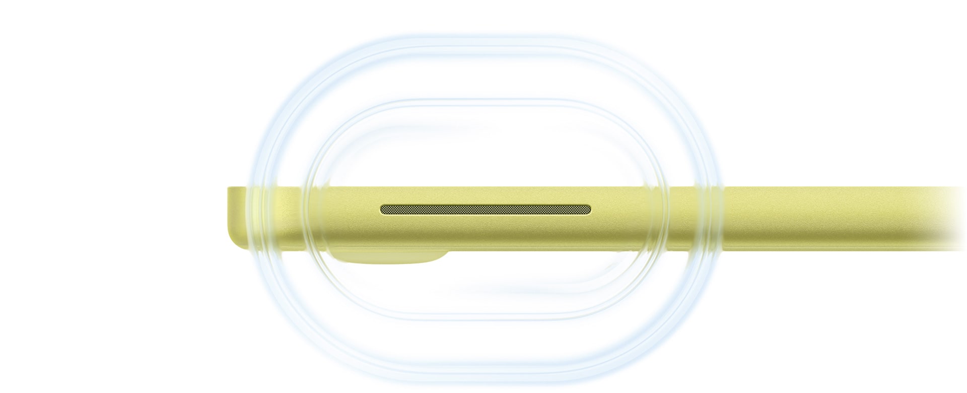 Åben MacBook Neo i farven citrus, lydbølger strømmer ud fra højttaleren på højre side af computeren og mod forsiden